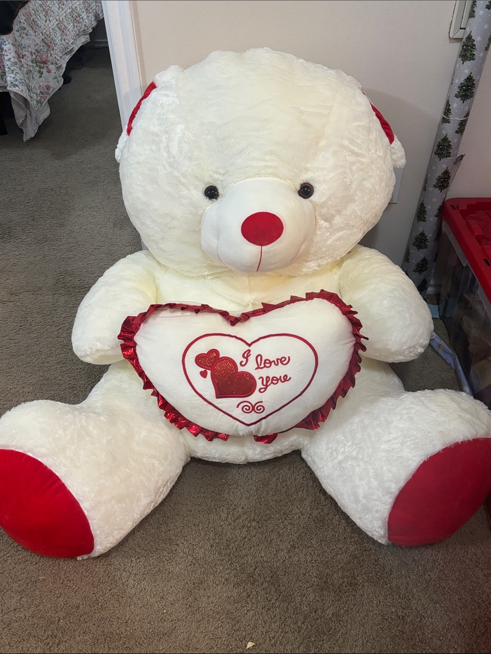 Giant White Teddy Bear with Red Heart Pillow